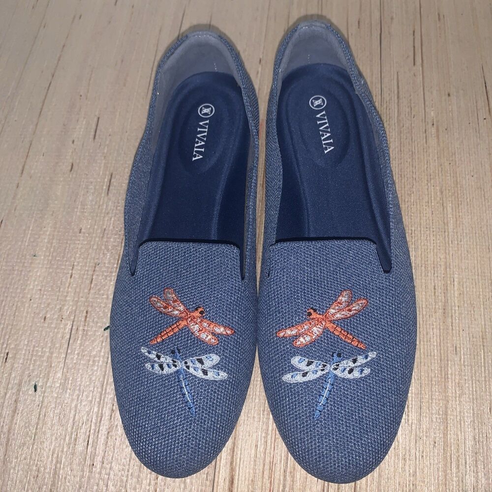 VIVAIA Knit Loafers Embroidered Dragon Fly Blue Washable Comfort EU39.5, 8.5-9US